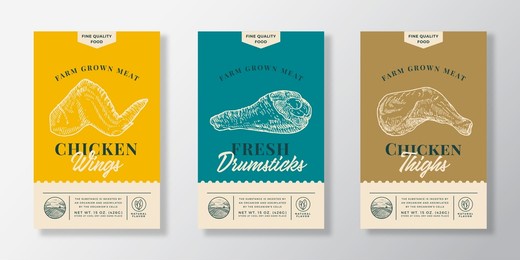 poultry abstract vector packaging labels design set. modern typography banner, hand drawn chicken wing, drumstick leg and thigh sketch silhouettes. color paper background layouts collection. isolated.