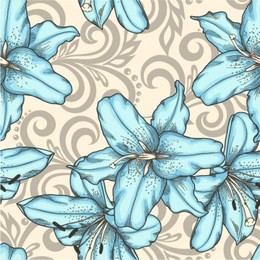 beautiful seamless pattern with blue lilies flowers and abstract floral swirls