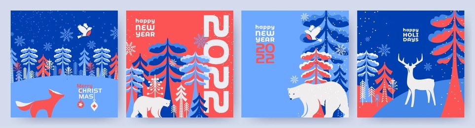 merry christmas and happy new year set of greeting cards, posters, holiday covers. modern xmas design in blue, red, white colors. winter landscape with fairy forest, white bear, deer, bullfinch, fox