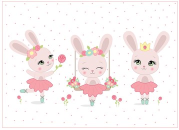 cute rabbits vector. baby rabbits ballet pink flowers pink rose bouquet