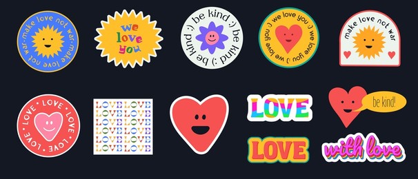set of cute stickers, pinks, patches and labels. cool trendy abstract funny comic faces. love lettering. 