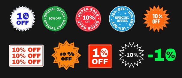 set of 10% off sticker, patch, pin icons vector design. special offer badge elements. cool trendy promo sale price tag. discount promotion.