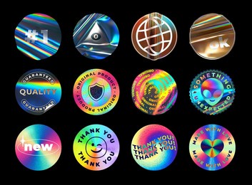 iridescent holographic foil stickers. holo emblems, round original and quality guaranteed labels. textured foiled circles vector illustration set