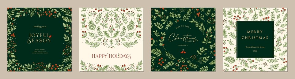 ornate merry christmas corporate holiday greeting cards. trendy square winter holidays art templates. suitable for social media post, mobile apps, banner design and web, internet ads.