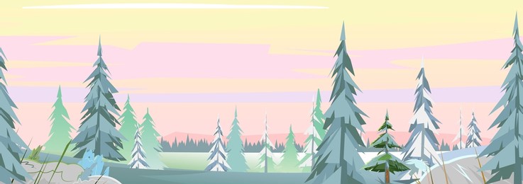 winter rural landscape. coniferous trees in the snow. beautiful evening or morning sky. far horizon. illustration in cartoon style flat design. vector.
