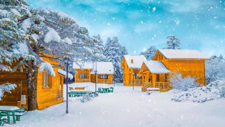 snow landscape in winter. view of snowfall in residential area. sensationally beautiful snowy winter landscape. snowy landscape for christmas holidays from europe. uludag mountain national park, bursa