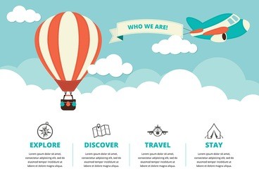 website layout with a hot air balloon, a plane and travel icons