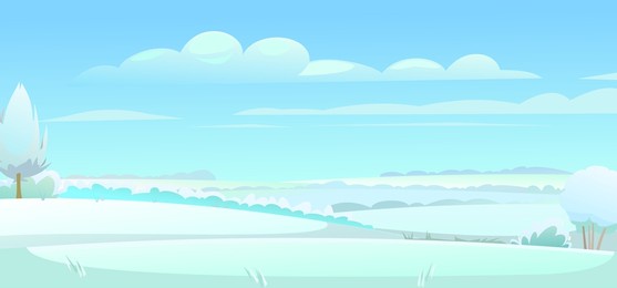 simple winter rural landscape with cold white snow and drifts. beautiful frosty view of countryside hilly plain. flat design cartoon style. vector.