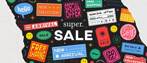 cool trendy sale banner vector design. hipster background with promo label stickers. torn page effect.