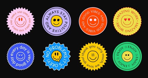 set of various stickers, pins and patches. cool funny cute emoji badges vector design.