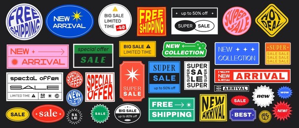set of sale stickers retro design. cool trendy discount labels. vector special offer badges.