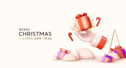 merry christmas and happy new year. abstract realistic 3d design, hand of santa claus in palm holding gift box, and candy cane falling. xmas holiday banner, advertising web poster. vector illustration