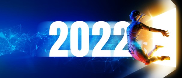2022 new year jumping 3d humanoid robot, future futuristic ai artificial intelligence industry automated digital world metaverse technology concept