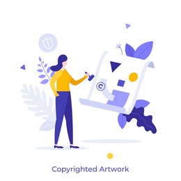 woman putting stamp on image or painting. concept of copyrighted artwork, law protection of intellectual property or artist's rights on creative work. modern flat vector illustration for banner.