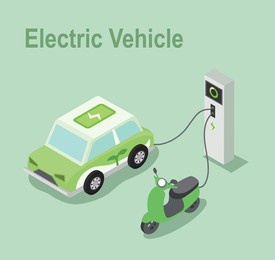 charging electric car battery at electric recharge station. new alternative energy vehicle. futuristic transport, green energy concept. 