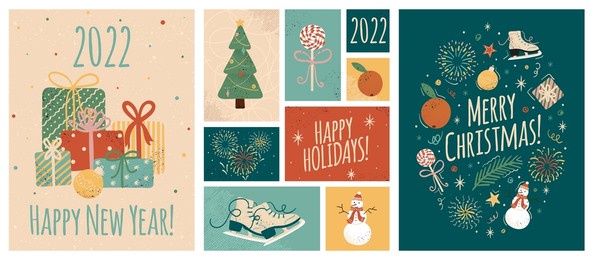 merry christmas and happy new year greeting cards template. vector set of winter holiday illustrations in vintage style. christmas tree and gifts. 2022 new year hand drawn poster