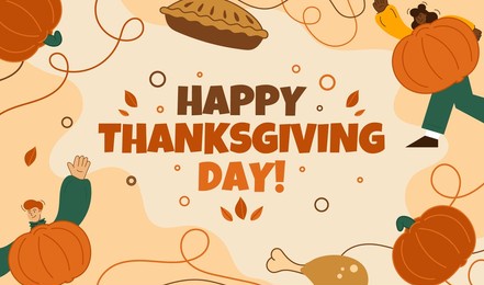 illustration, greeting card with happy thanksgiving with people. doodle style, cartoon, flat, outline, contour. pumpkin, turkey, cake. festive food. autumn leaves. 