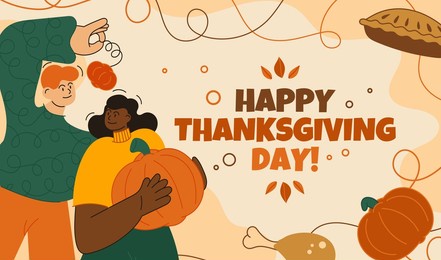 illustration, greeting card with happy thanksgiving with people. doodle style, cartoon, flat, outline, contour. pumpkin, turkey, cake. festive food. autumn leaves. 