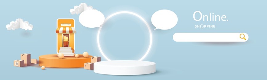 shopping online on phone with podium paper art modern pink background gifts box  illustration vector.