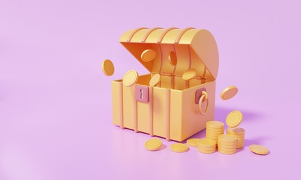 protection treasure box coffer concept. open treasure chest with coins floating isometric on purple background. cartoon minimal cute smooth 3d render illustration