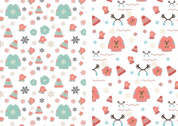 seamless vector christmas sweaters pattern and snow elements. knitted winter jumpers with ornaments. holiday background for fabric, gift wrap, greeting cards, posters.