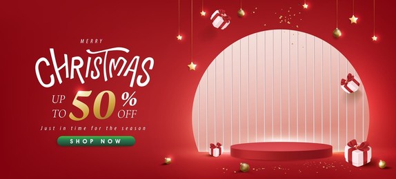 merry christmas sale promotion poster banner with product display and festive decoration red background