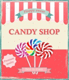 vintage candy shop poster template, vector illustration