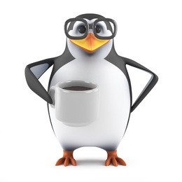 3d render of a penguin drinking a cup of coffee