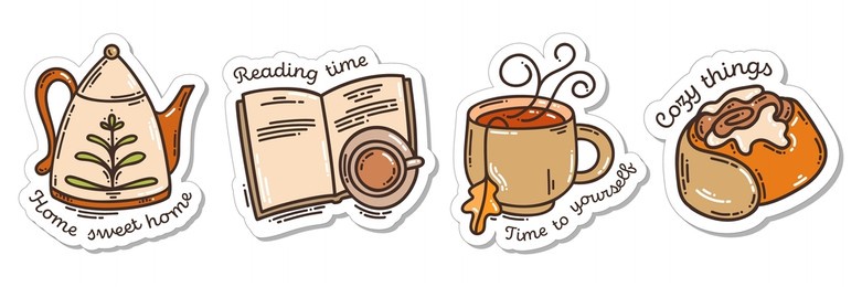 colorful hand-drawn autumn hygge stickers set with teapot, a cup of tea, book, and the cinnamon bun in doodle style isolated on white background. cute vector collection for seasonal decoration.