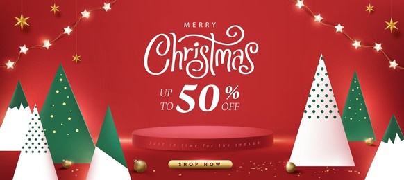 merry christmas sale promotion poster banner with product display cylindrical shape and christmas tree paper cut style