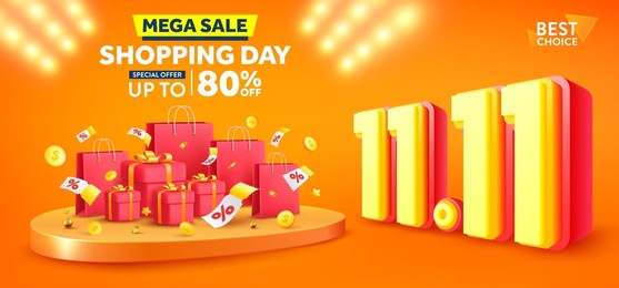 vector of 11.11 shopping day poster or banner with gift box and shopping bag.11 november sales banner template design for social media and website. vector illustration eps 10