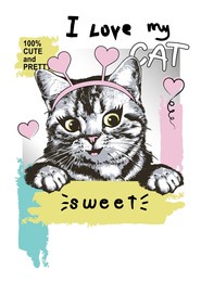 happy kitten portrait with slogan. colour block print for t shirt. vector illustration