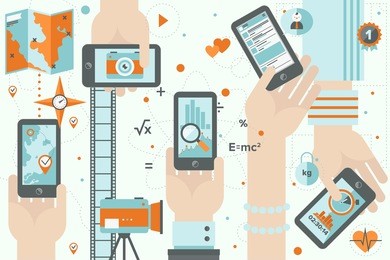 flat design vector illustration concept of various mobile application usage - maps navigation, photography on smartphone, business and financial chart, social media, healthy lifestyle and running apps