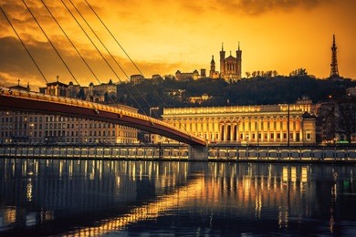 view of saone river at sunset,lyon, france.