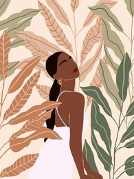 beautiful abstract afro american woman in fashion white dress. pastel tropical leaves background. modern minimalist glamour female portrait with nature jungle pattern. vector illustration