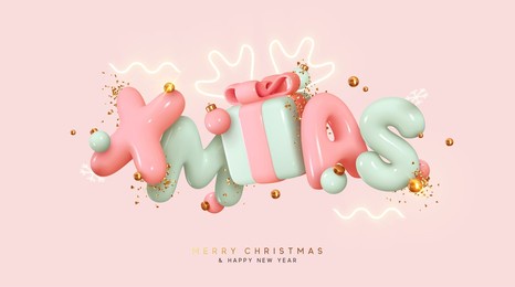 holiday xmas gift box blue and pink soft pastel colors. festive background merry christmas and happy new year. realistic 3d text design, present surprise, golden bauble balls and falling gold confetti