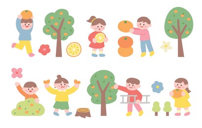 cute children are having fun harvesting tangerines from tangerine trees. flat design style vector illustration.