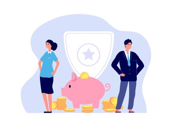 money insurance. bank managers, man woman and piggy bank with coins. business safety, investment security illustration. life and welfare protection concept