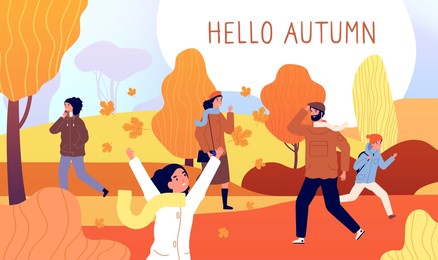 hello autumn banner. yellow november, season style men walk in park. red orange bush, fall nature and activity people illustration