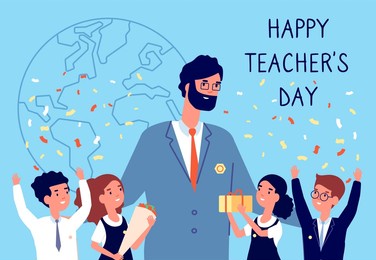 teachers day. flowers to teacher, students kids in uniform. international holiday of education. happy children with gift illustration