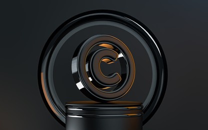 copyright sign 3d rendering icon stand on podium dark black metallic abstract look background