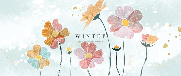 watercolor art background vector. wallpaper design with winter flower paint brush line art. earth tone blue, pink, ivory, beige watercolor illustration for prints, wall art, cover and invitation.