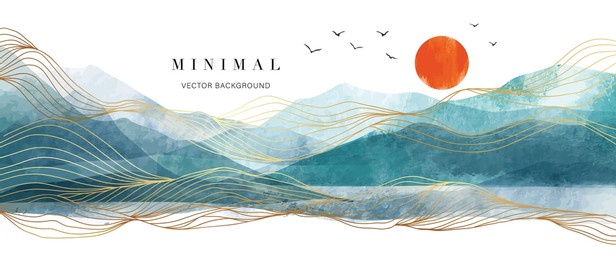 mountain background vector. minimal landscape art with watercolor brush and golden line art texture. abstract art wallpaper for prints, art decoration, wall arts and canvas prints. 