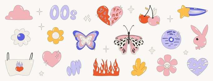 collection on the theme of the 00s. set of icons - hearts, butterflies, flame, badges and stickers. glamorous vector illustration y2k. nostalgia for the 2000 years. vector isolated illustrations.