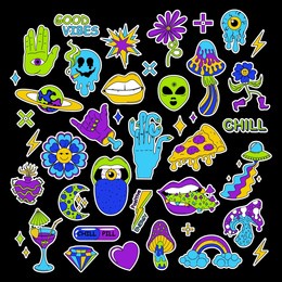 cartoon abstract groovy comic funny emoji characters. neon cartoon psychedelic hippy stickers with mushrooms and eyes.