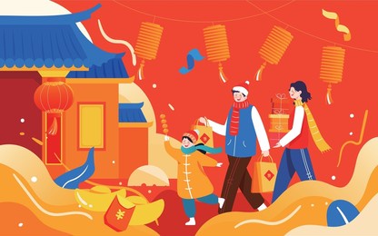 go home for the spring festival, the family pay new year's greetings, and draw chinese new year posters chinese translation:spring festival