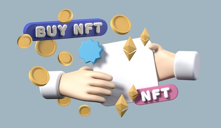 coins, hands trading nft non fungible token for crypto art on purple background ethereum based in blockchain technology and disruptive monetization in collectibles market 3d rendering illustration