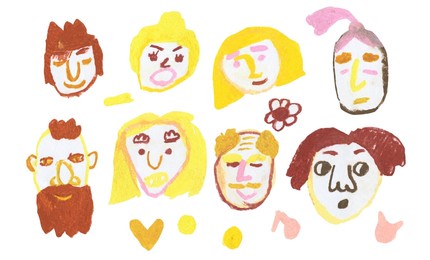 set of wax crayons illustrations with portraits of people on a white isolated background.designs for stickers,packaging,cards.