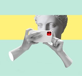 contemporary art collage with antique statue head in a surreal style and hands holding a smartphone. modern conceptual art poster 