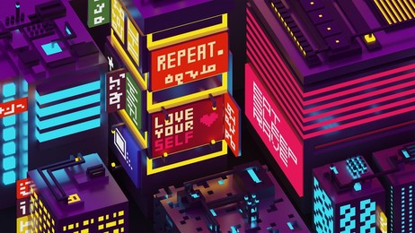 3d voxel night cityscape background. pixel art cyberpunk style city illustration. neon lights and dark theme city. voxel structure.
there is no real language other than english in the image.
